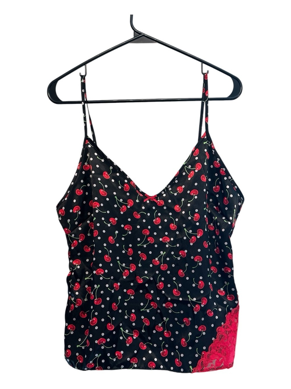 Vintage Y2K Personal Identity Cherry-Print Camisole with Red Lace Detail Medium